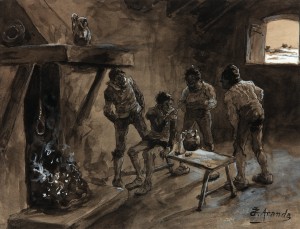 Figures standing near fire during winter